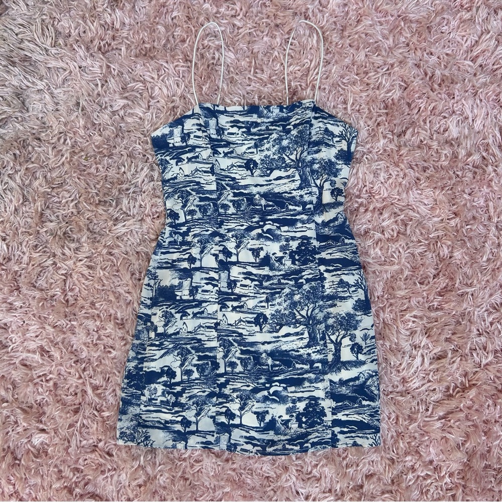 urban outfitters blue / white countryside strappy bodycon mini dress, size small